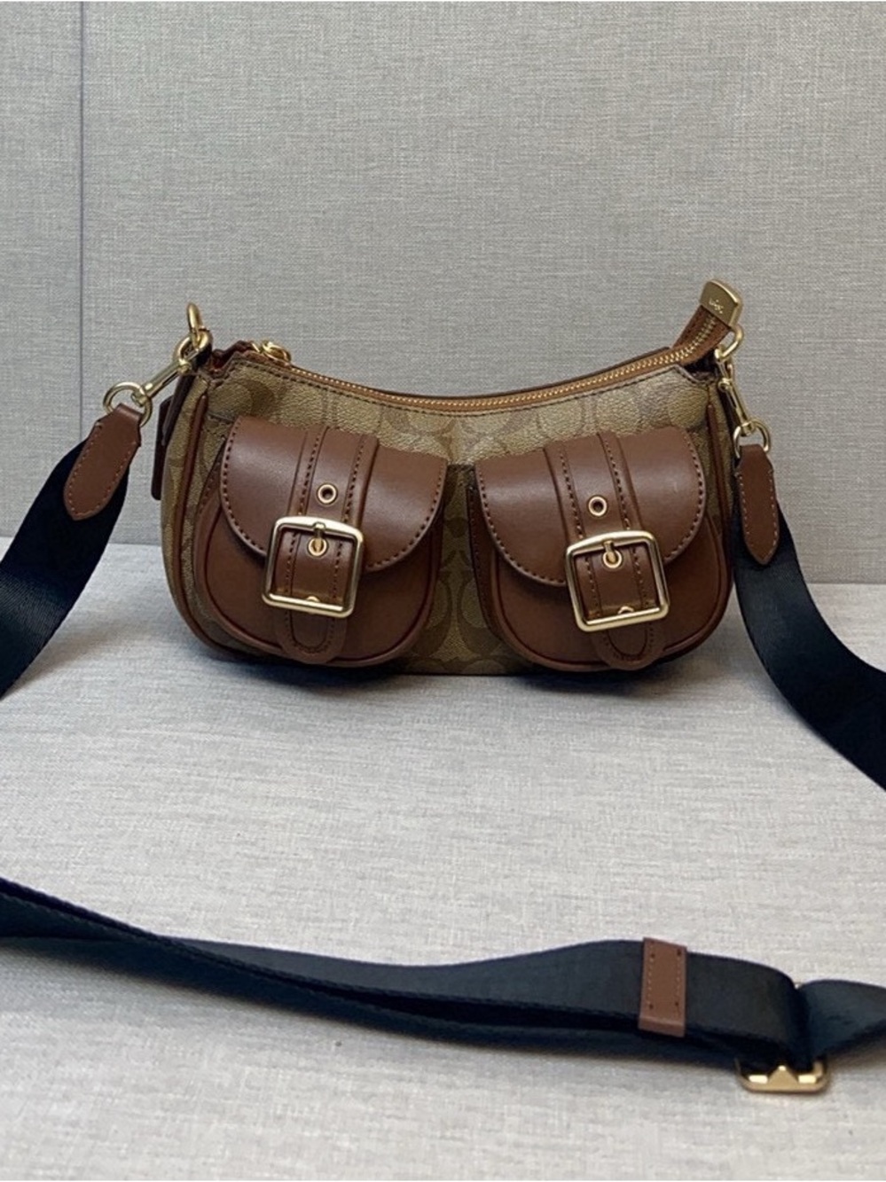 Coach Brown Signature Canvas Shoulder Bag with Buckle Pockets - Picture 2 of 9